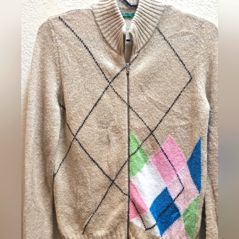 United Colors Of Benetton Beige Zip Cardigan with Pink Blue Green Argyle